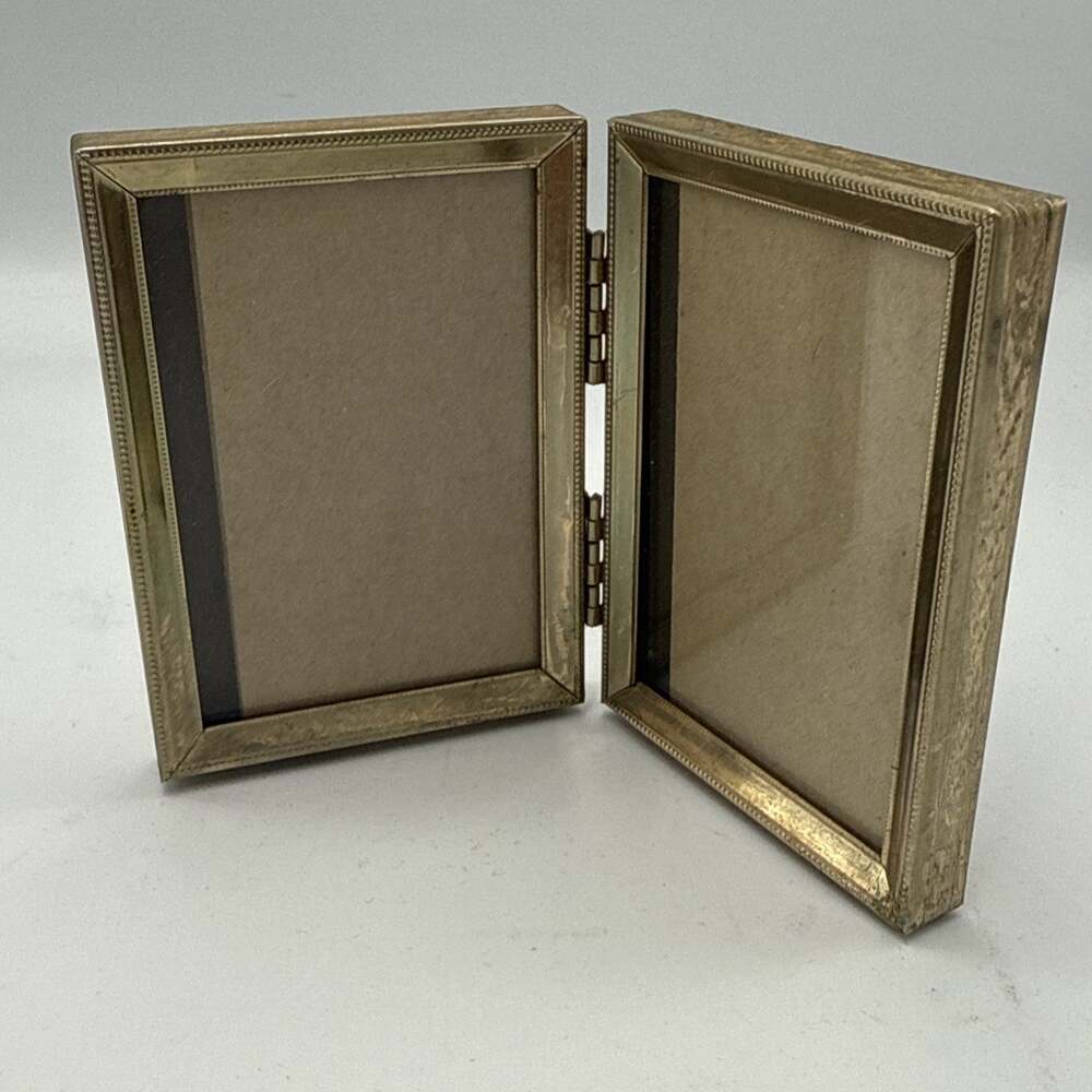 Vtg Mini Bi-Fold Hinged Photo Picture Frame Mid Century Gold Tone Metal 2x3 MCM